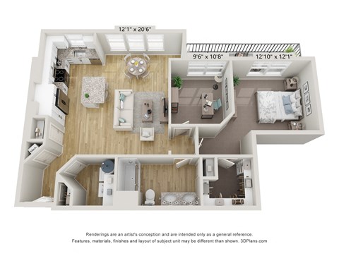 Floor plan for 1 bed, 1 bath, 1018 sqft